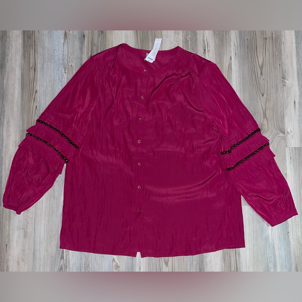 NWT Chicos Pullover Too Solid Beaded Ruffle 3/4 Sleeves Color Orchid Flower